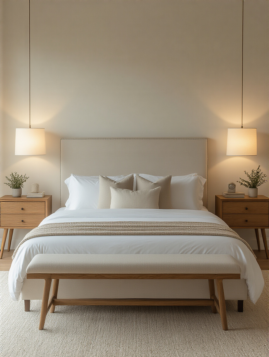 Serene bedroom with a neatly made bed and two identical wooden nightstands, each holding a lamp and plant, showcasing a balanced and harmonious design.