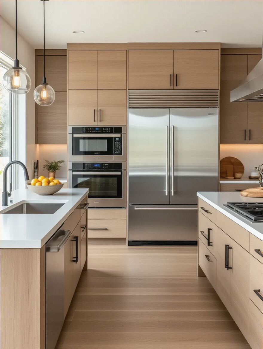 Modern kitchen with integrated appliances and ergonomic layout