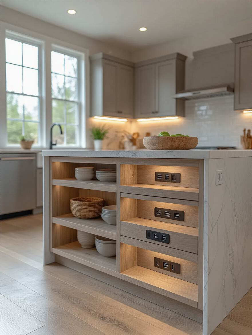 Vertical view of a modern kitchen island with integrated outlets and USB-C ports.