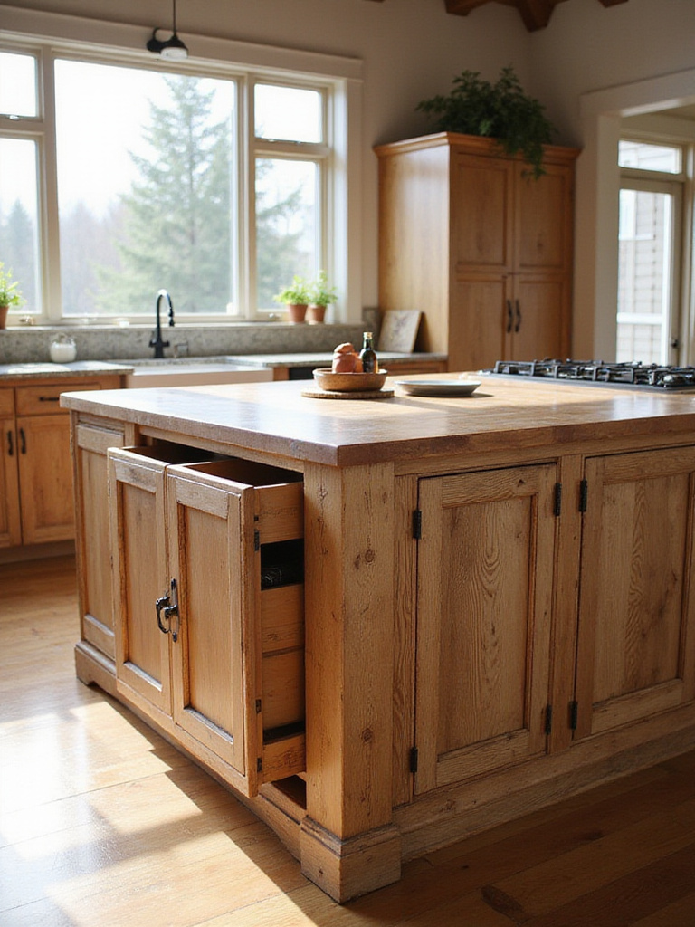 A rustic kitchen island made of distressed wood with a light-colored countertop, showcasing integrated storage like deep, flush drawers and a hidden pull-out, maintaining a completely clutter-free surface. Natural light illuminates the organized, inviting kitchen space.