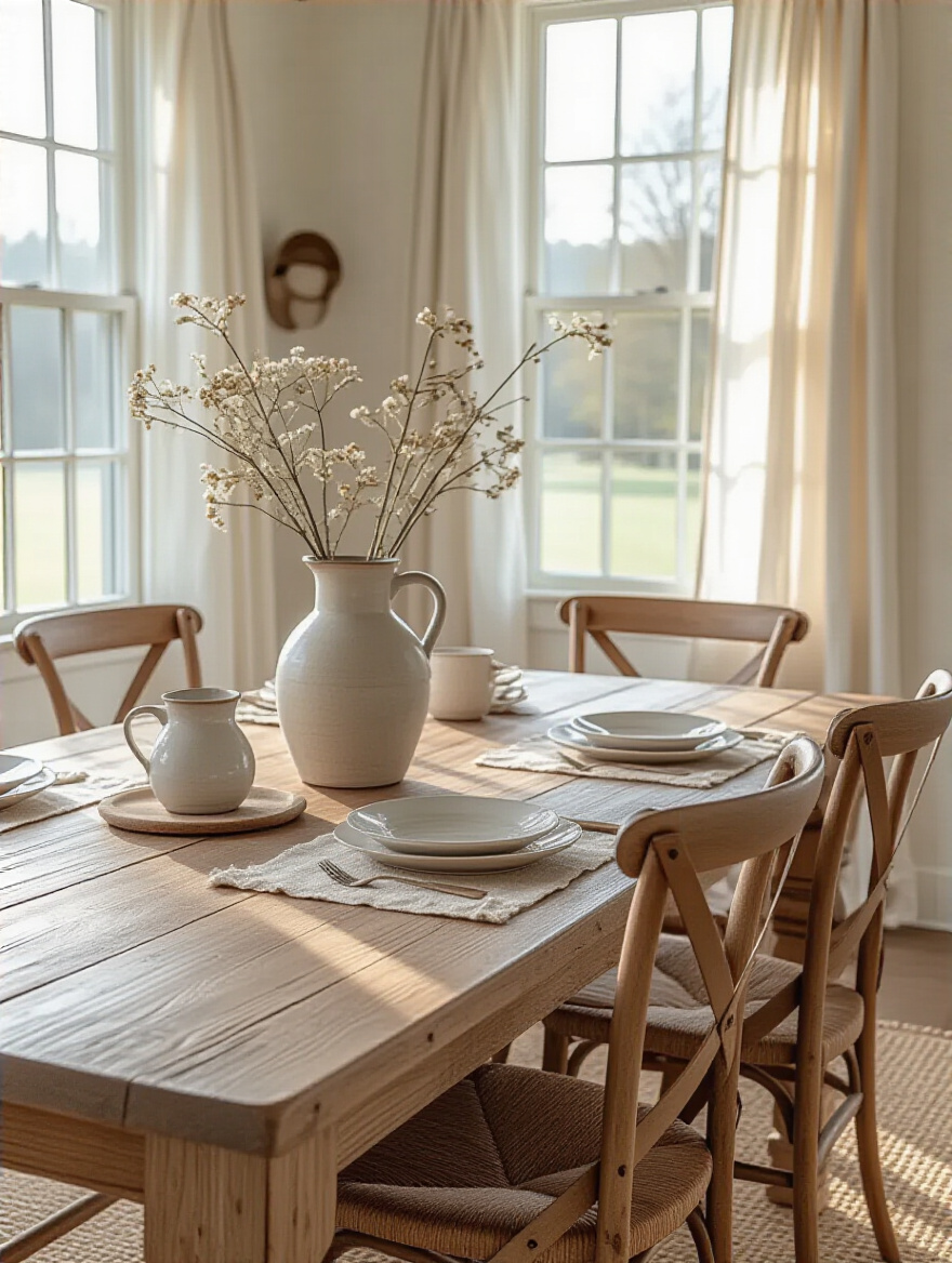 Farmhouse dining room showcasing quality, foundational decor pieces that highlight smart budget allocation for key investments, bathed in natural light.