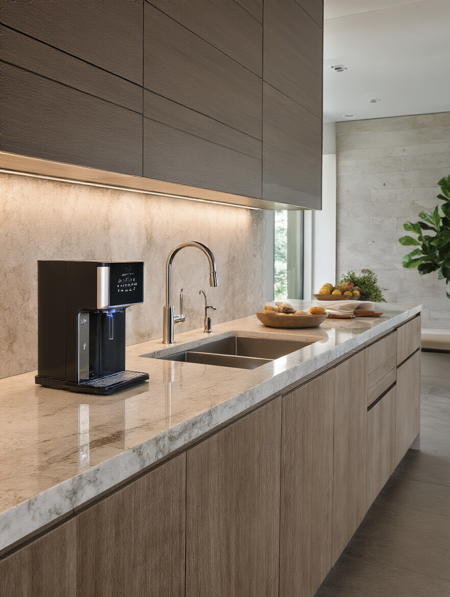 Portrait view of a luxury kitchen with integrated water filtration and instant hot/cold dispensing system