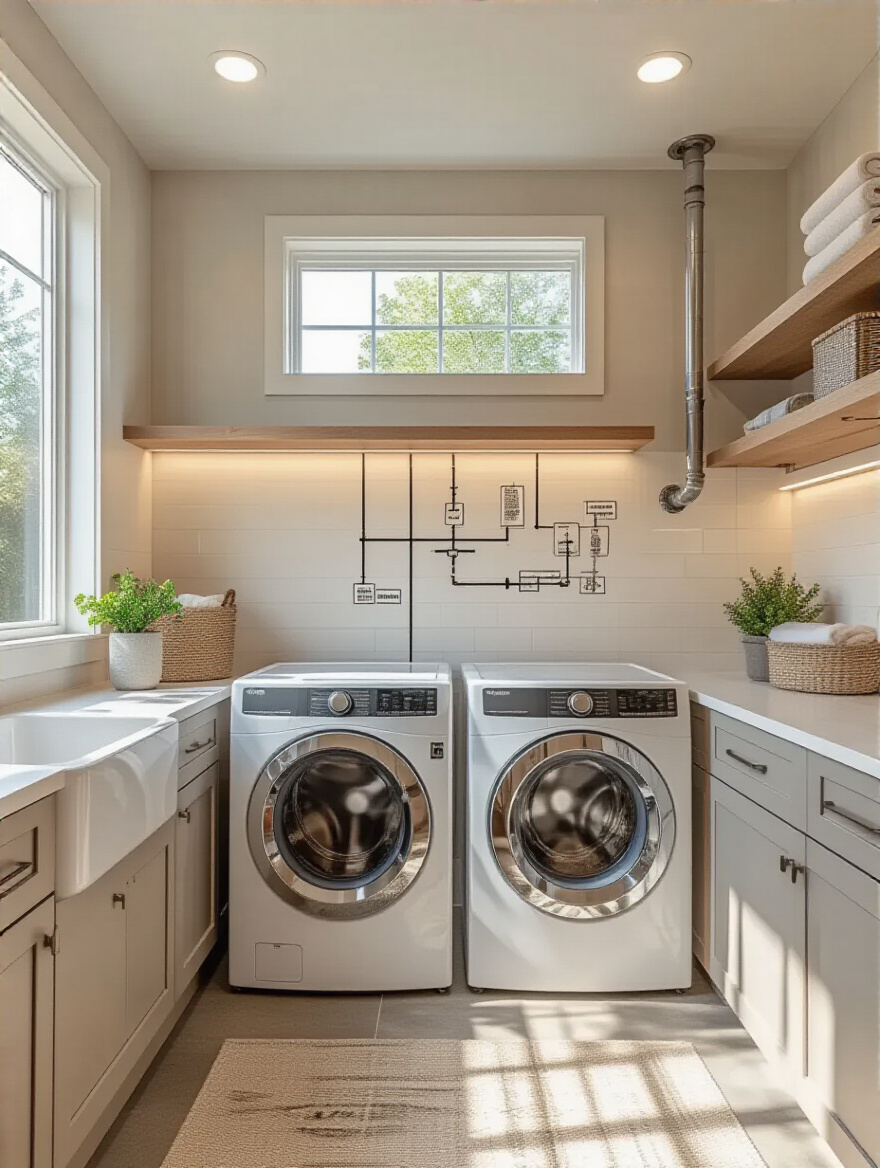 Portrait view of a laundry room planning space showing plumbing, electrical, and venting updates.
