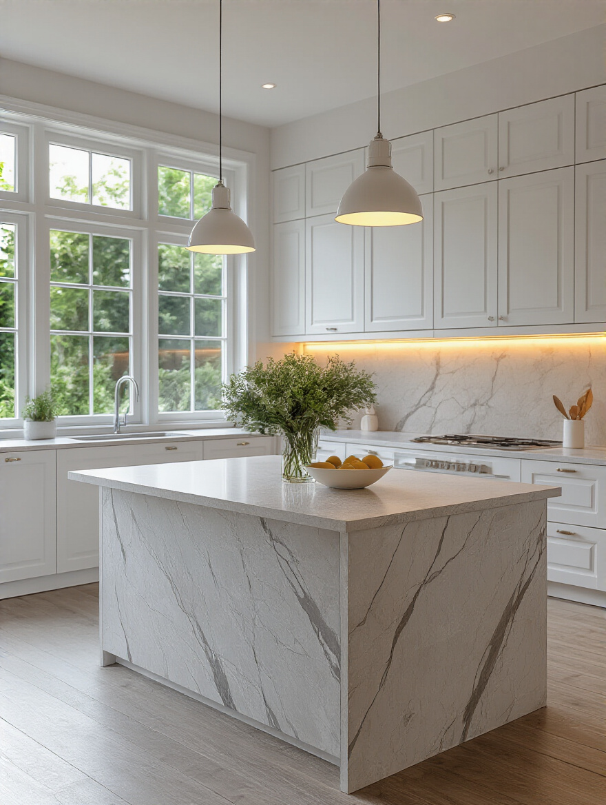 Modern kitchen island countertop with future resurfacing planning