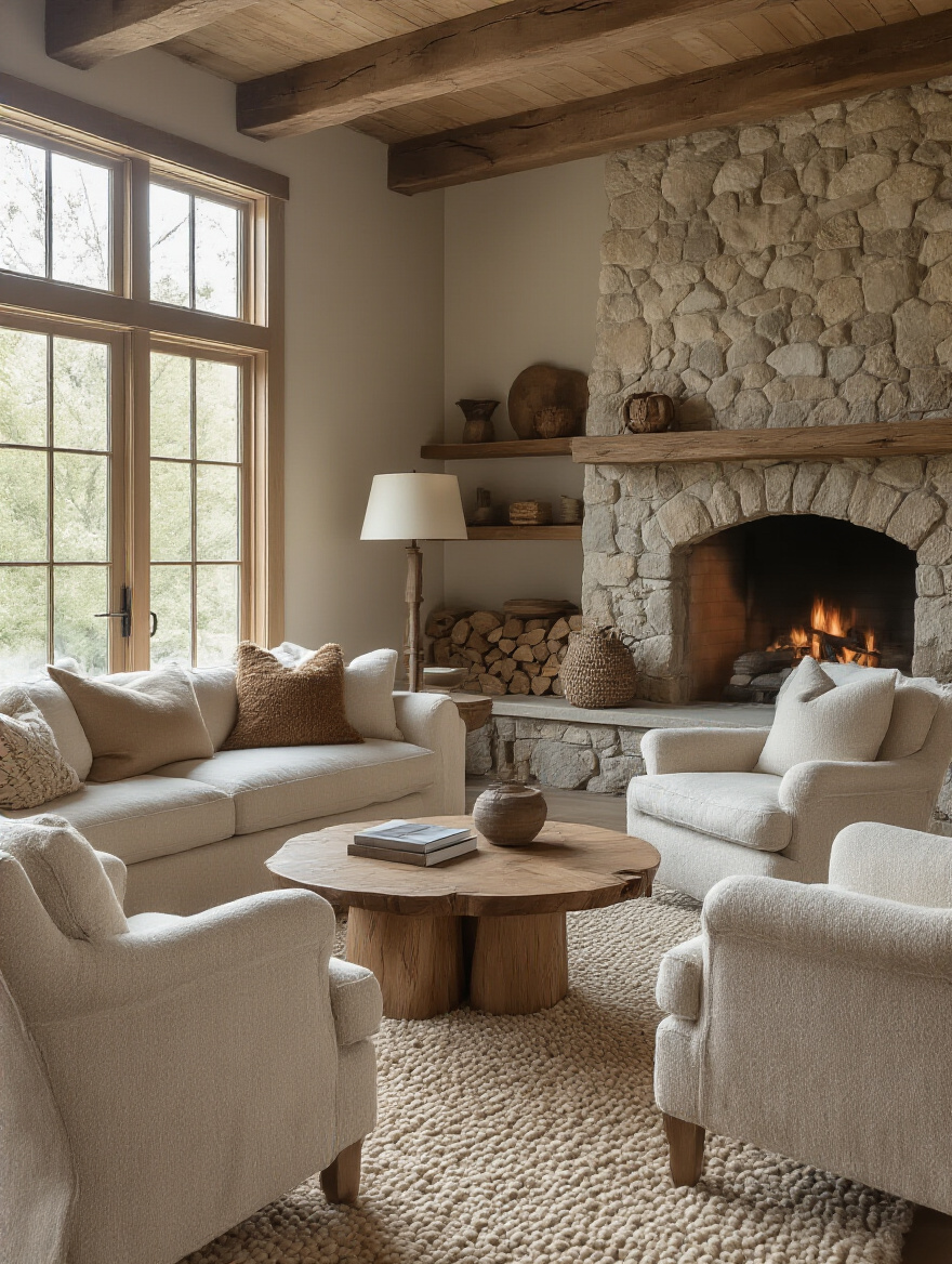 Cozy rustic living room seating arranged for conversation around a fireplace
