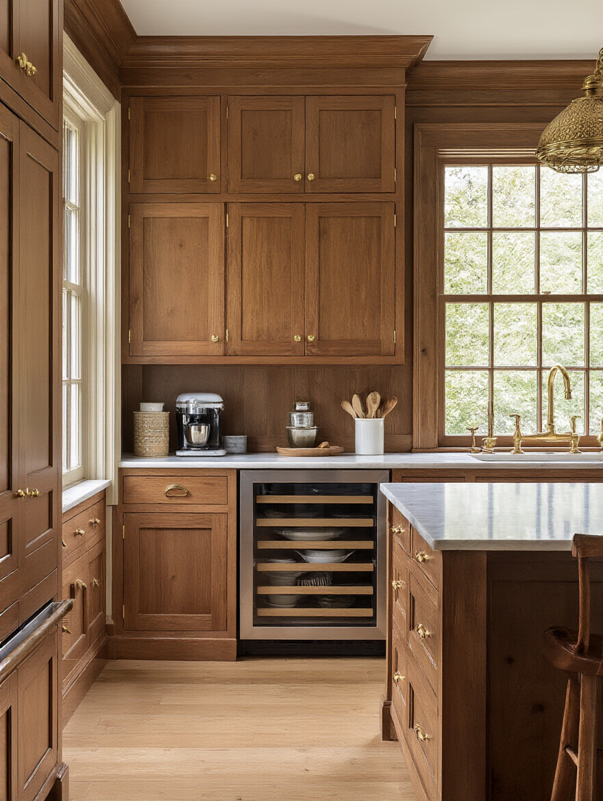 Portrait of a traditional kitchen featuring integrated storage with paneled appliances and hidden pantry.