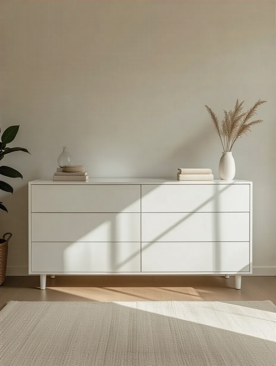 A minimalist bedroom featuring a stylish dresser placed against a solid, unobstructed wall, showcasing clear access to all drawers and an organized aesthetic.
