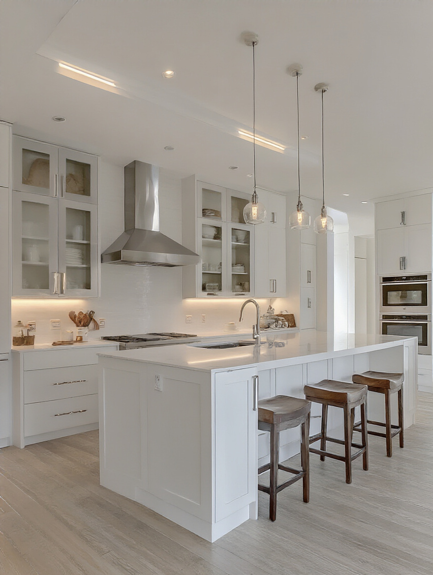 Portrait of a modern kitchen with precise lighting planning and proportional fixture sizing.