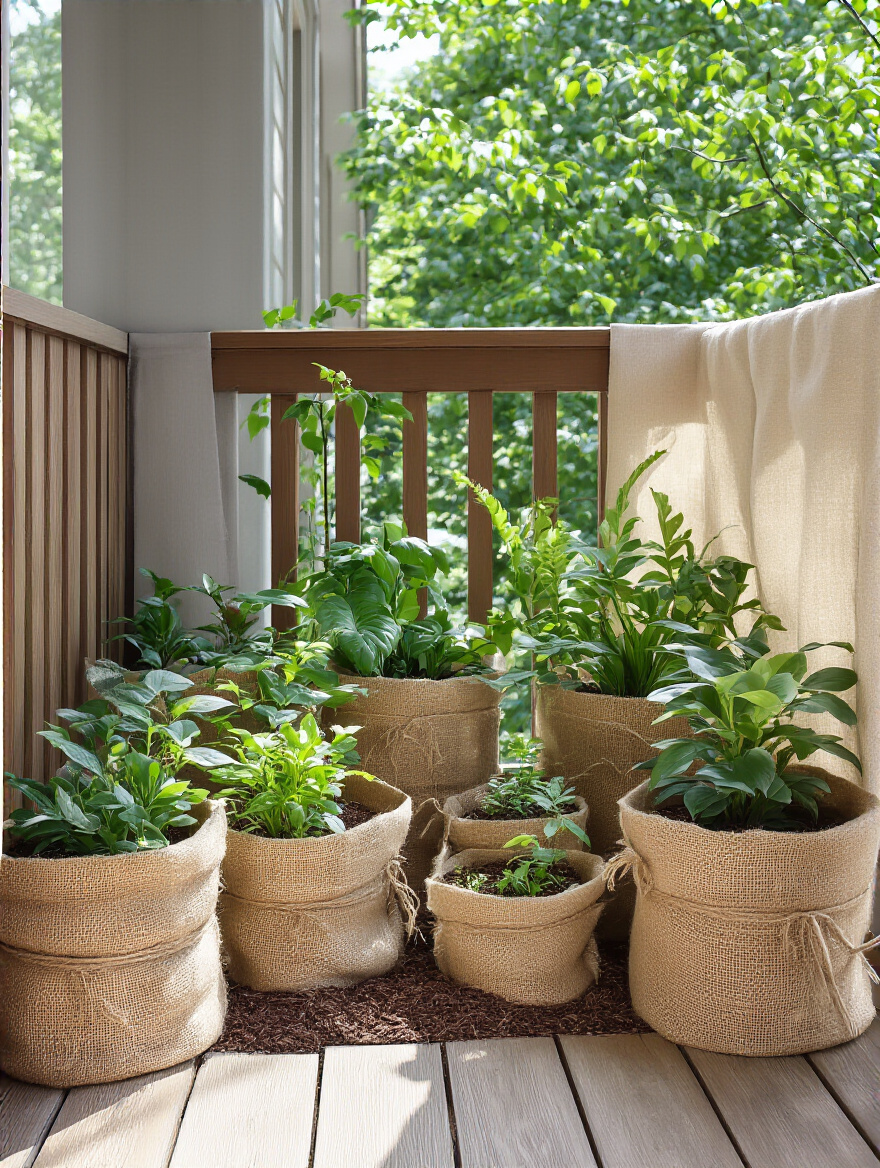 Portrait of balcony plants protected with burlap wraps and shade cloth on a sheltered balcony corner.
