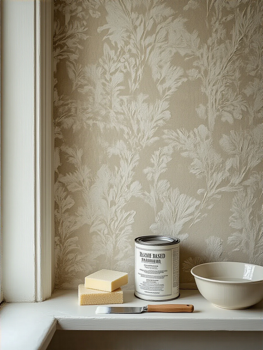 Vertical photo of a prepped bathroom wall with a primed surface ready for vintage wallpaper, no people