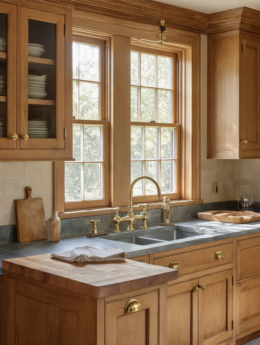 Portrait view of a traditional kitchen with rich wood cabinets and brass hardware, captured in warm lighting.