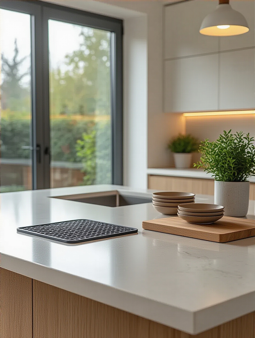 Modern kitchen island countertop protected with trivets and a cutting board