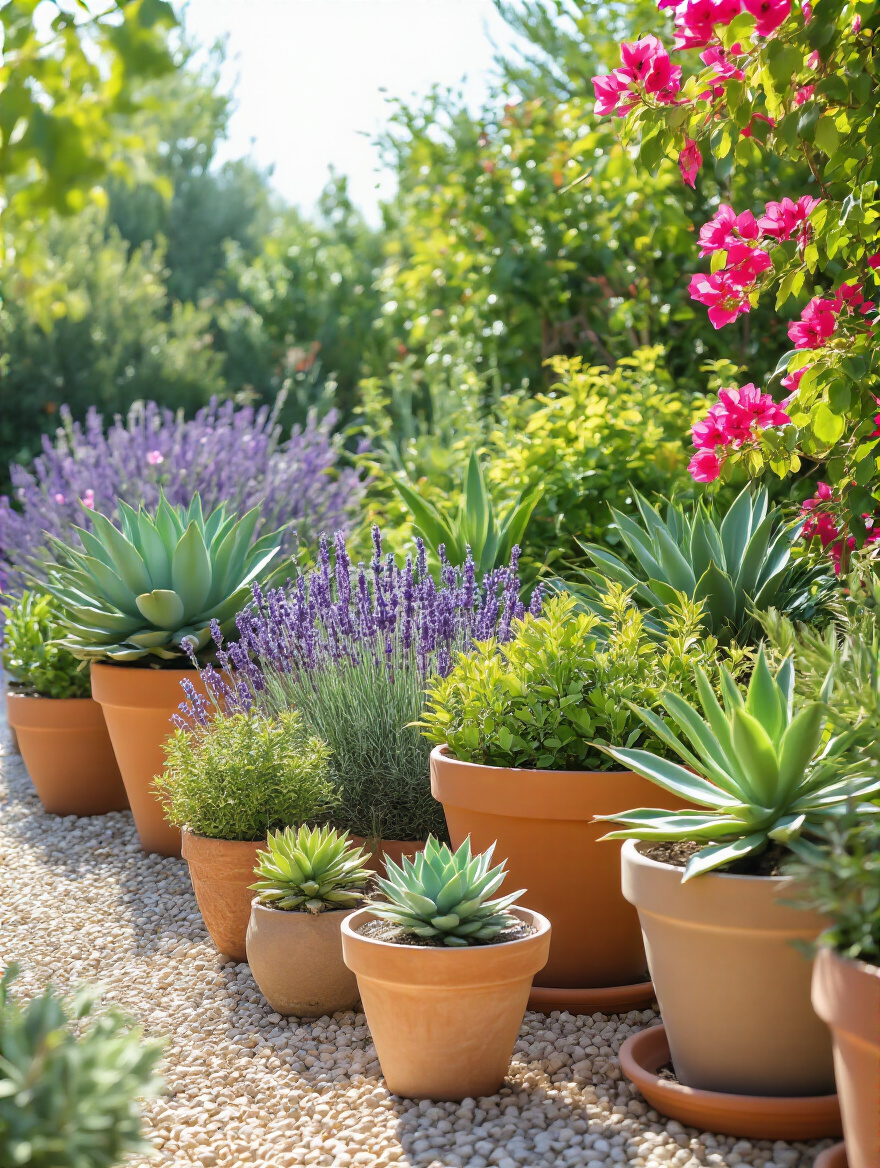 A serene patio scene showcasing various drought-tolerant plants like agave, lavender, and succulents thriving in terracotta and concrete containers, with gravel mulch. The setting emphasizes low-maintenance gardening.