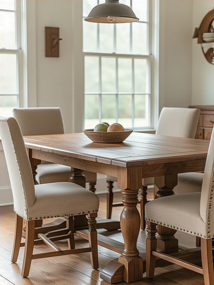 Farmhouse dining room featuring a durable solid oak dining table and easy-to-clean performance fabric chairs, showcasing resilient furniture for high-traffic areas.