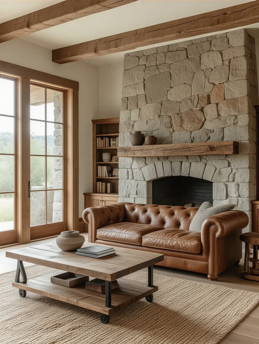 Rustic living room with durable authentic materials like solid wood, leather, and stone.