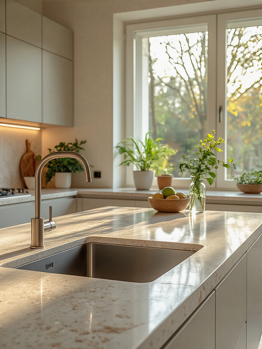 Portrait shot of a rounded edge profile on a modern kitchen island countertop