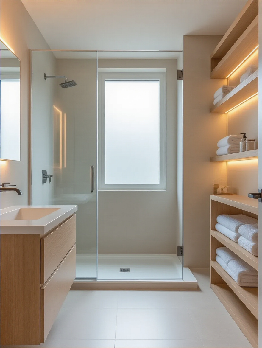Modern bathroom showcasing prioritized functionality with a walk-in shower and organized double vanity, emphasizing smart design choices.