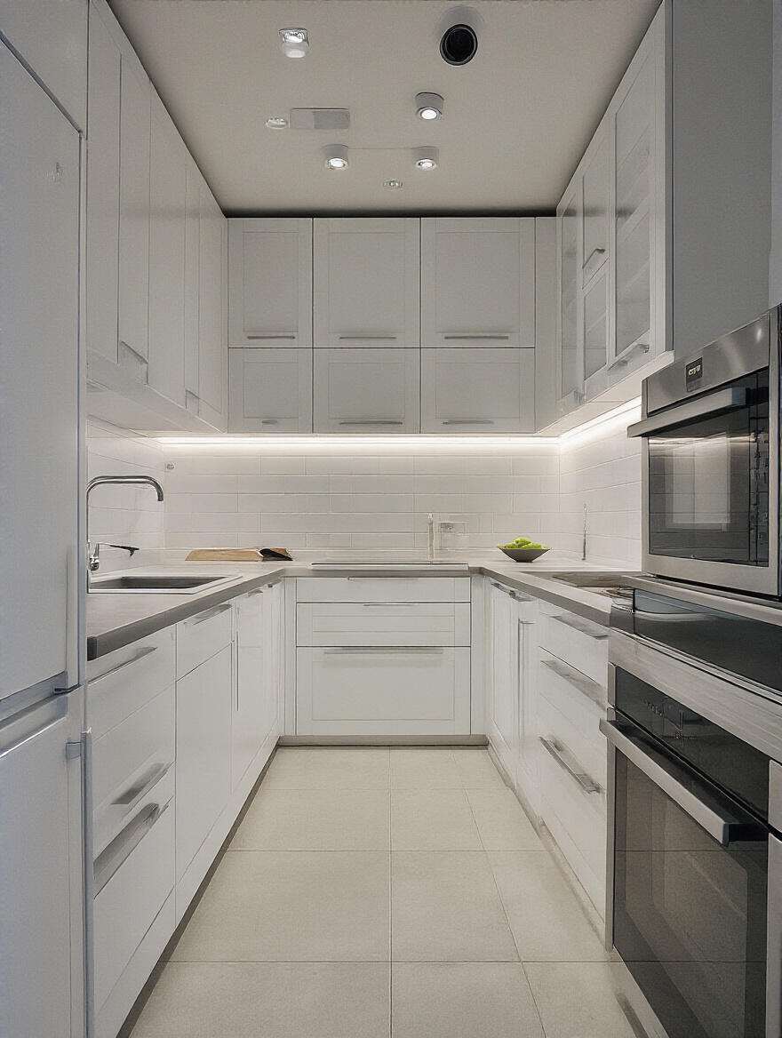 Portrait of a modern kitchen with LED bulbs and ambient lighting