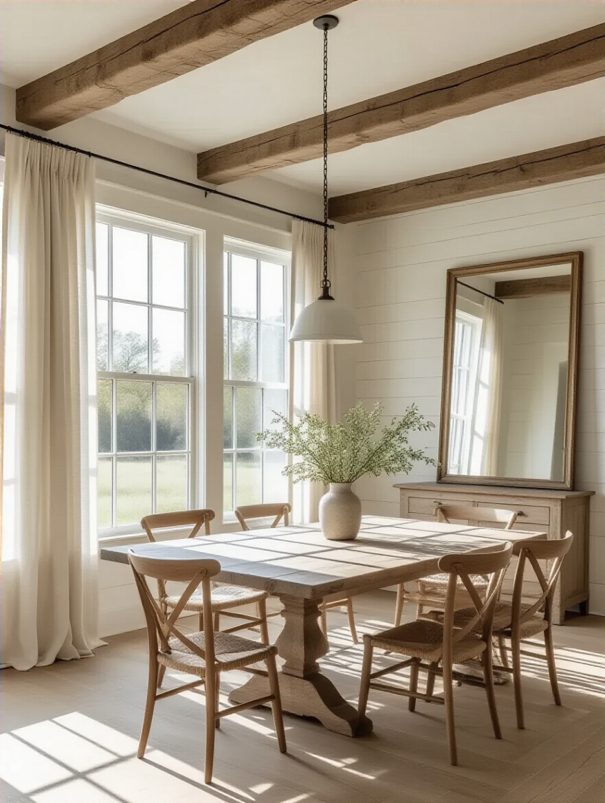 Farmhouse dining room with natural light, sheer linen curtains, exposed wooden beams, and shiplap wall, featuring a large mirror to amplify light. Bright and airy interior.