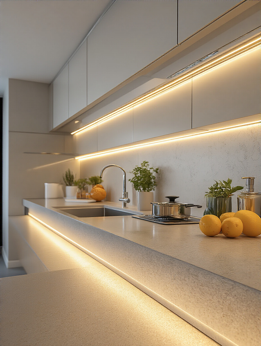 Undercabinet lighting illuminating a kitchen countertop