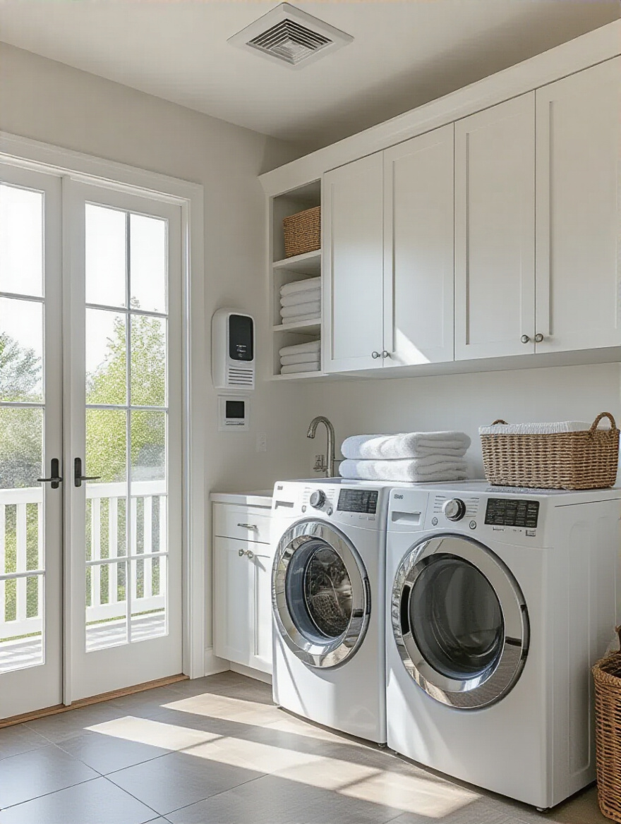Portrait of a tidy laundry room highlighting exhaust vent, humidity monitor, and dehumidifier
