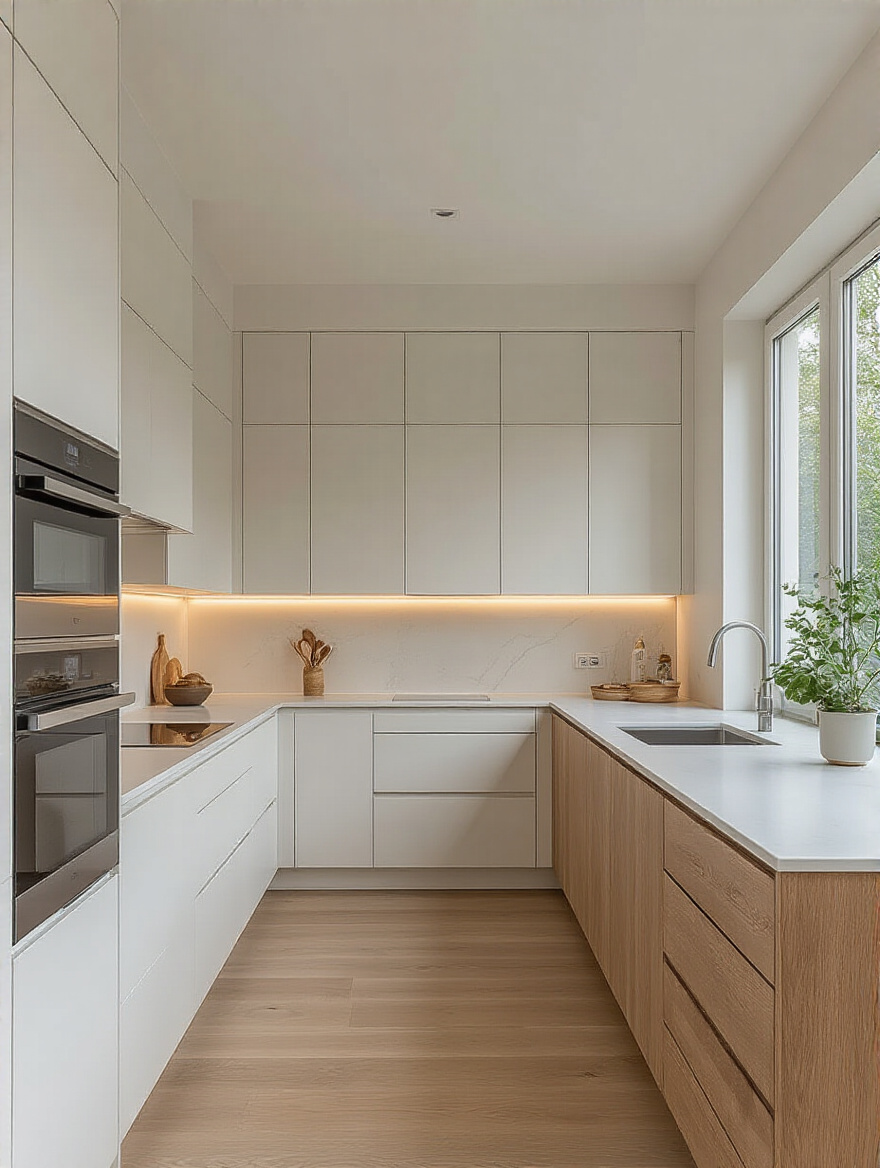 Portrait view of a modern kitchen with flat-panel, handle-less cabinetry and hidden appliances.