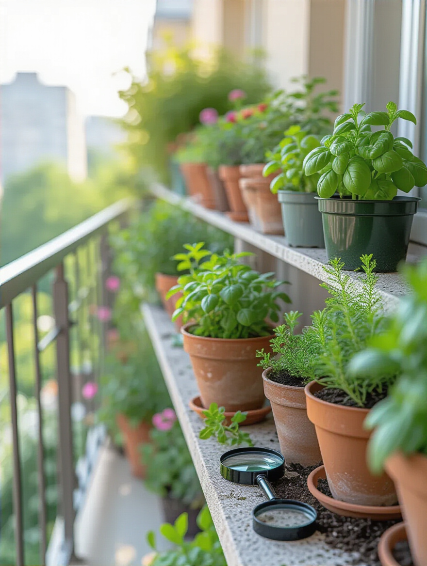 Portrait of balcony plants being inspected for pests and diseases on leaves with a magnifier nearby