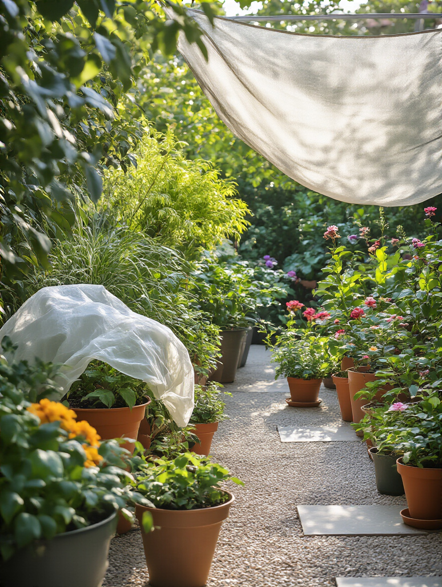 Various potted plants on a patio protected by frost blankets and shade cloth during changing seasons.