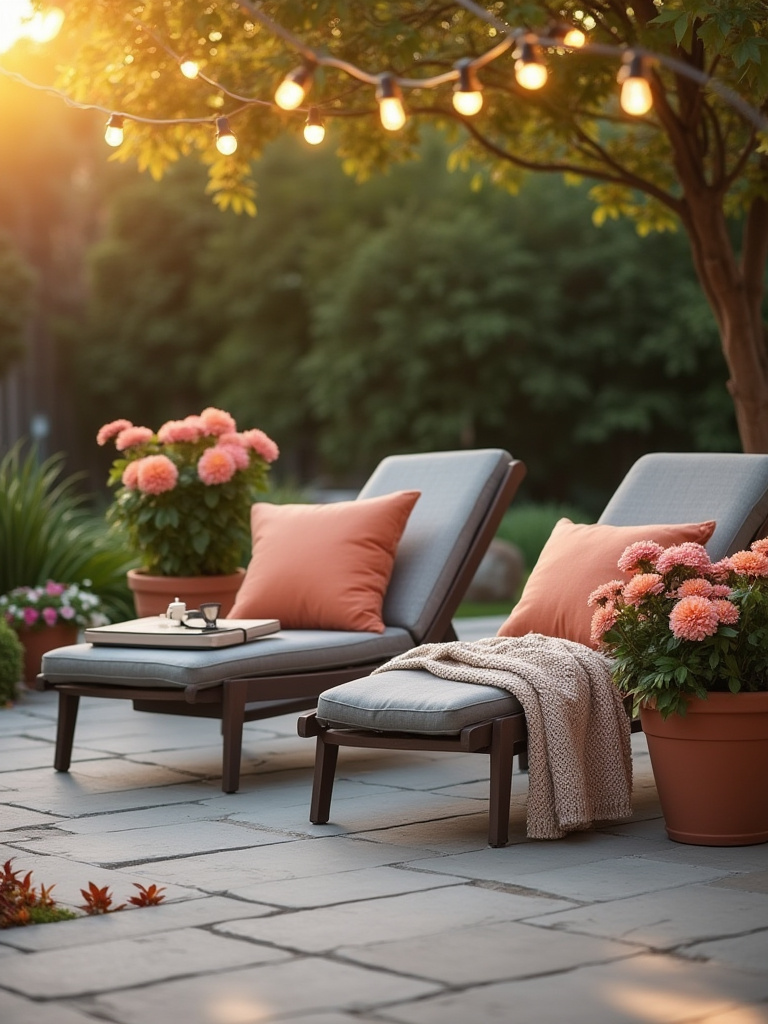 A cozy autumn-themed patio corner with rust-colored cushions, chrysanthemums, and warm string lights, illustrating seasonal outdoor decor.