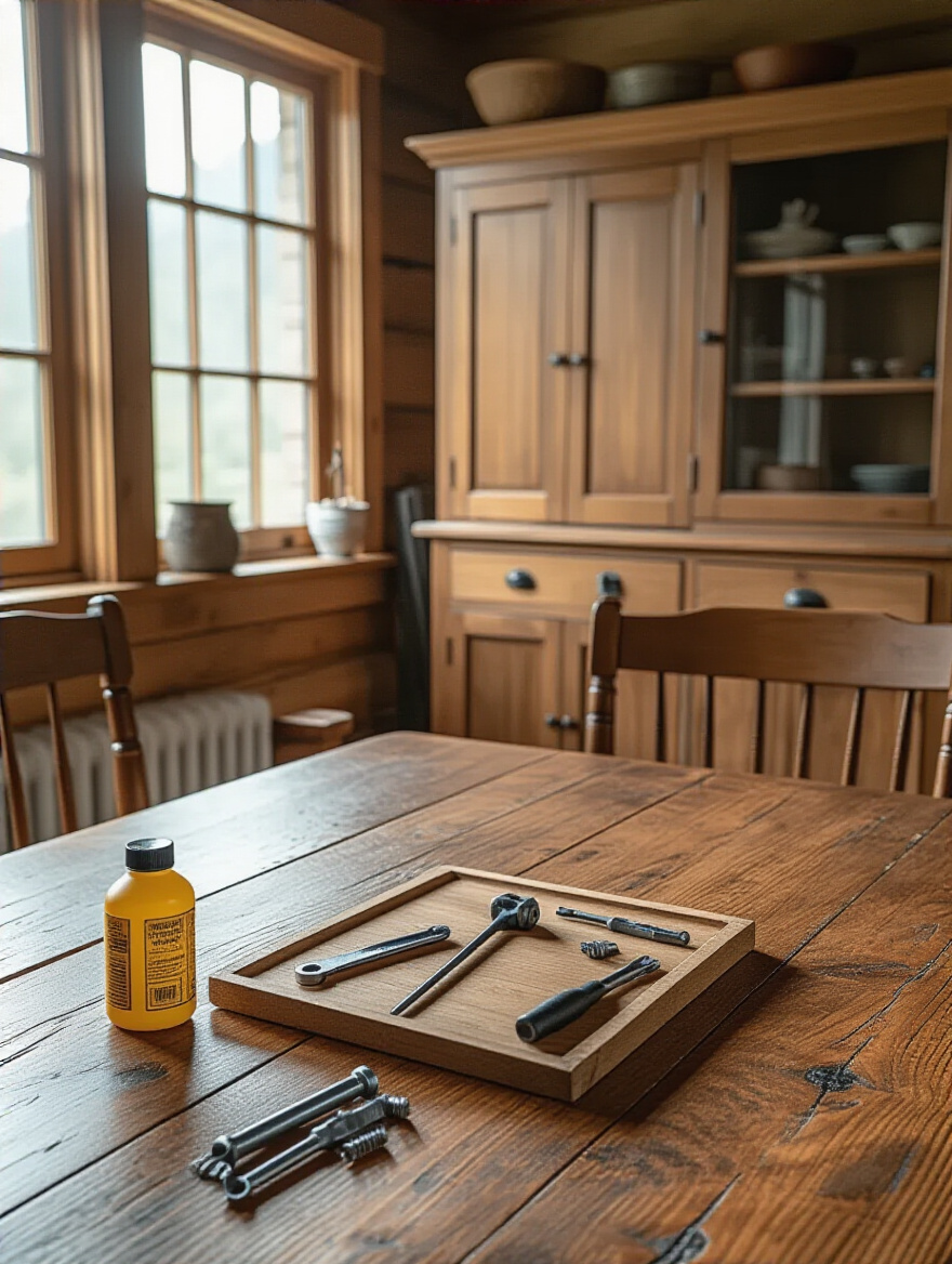 Portrait-style scene of rustic furniture joints being inspected in a sunlit workshop