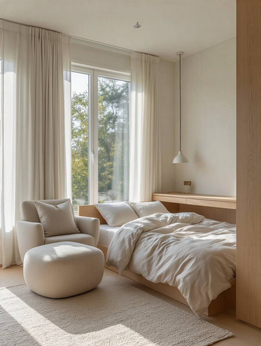 Modern bedroom interior showing a flexible layout with modular furniture, a reading nook, and an integrated desk, illustrating the concept of adapting room design to evolving needs.