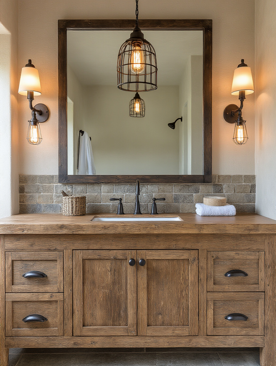 Portrait of a rustic bathroom with Edison bulbs and barn-style fixtures