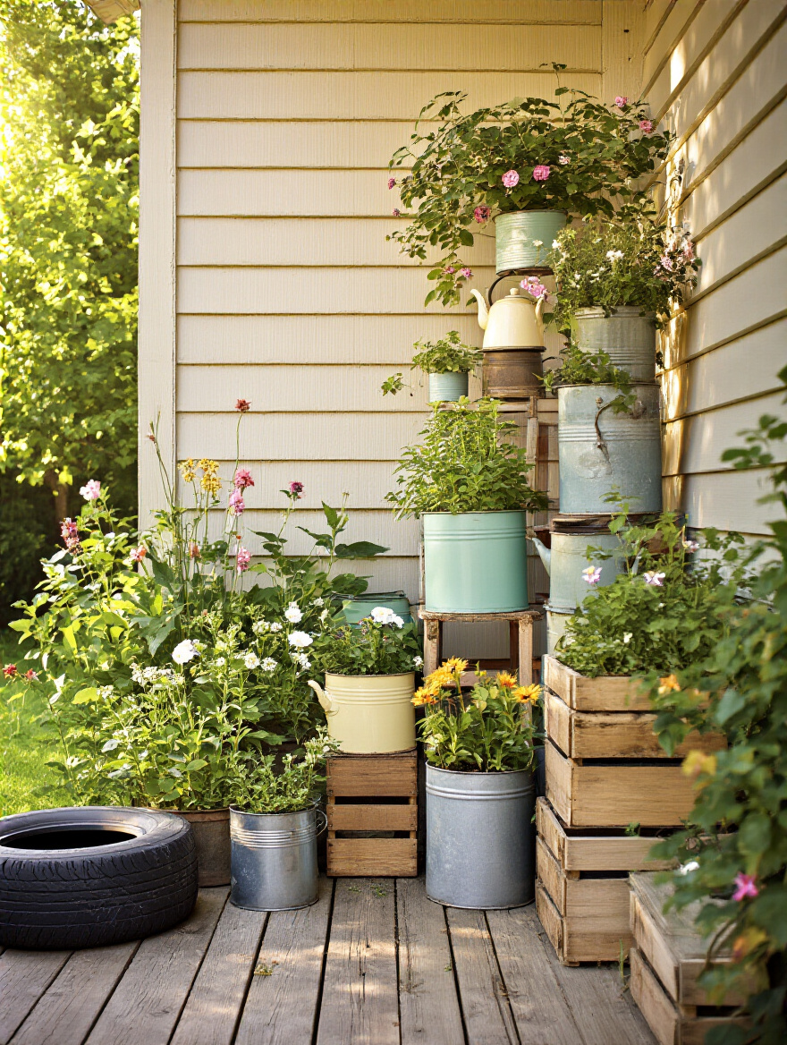 Backyard display of repurposed planters made from tires, teapots, and cans in sunlight