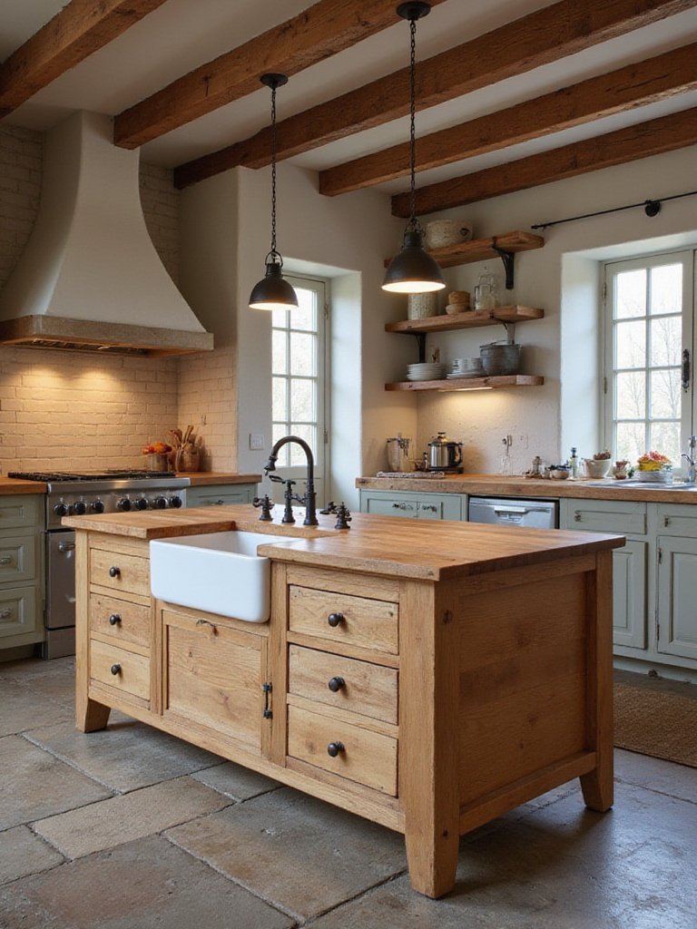 A repurposed vintage wooden dresser with a new butcher block countertop acting as a unique kitchen island in a rustic style kitchen, featuring drawers for storage.