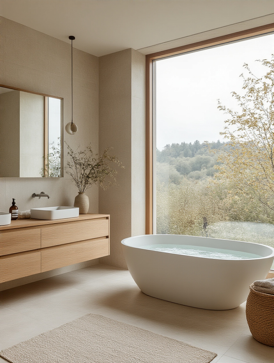A beautifully designed modern Japandi bathroom, featuring a freestanding tub, wood vanity, and natural textures, reflecting seamless integration with a home's overall aesthetic for bathroom design inspiration.