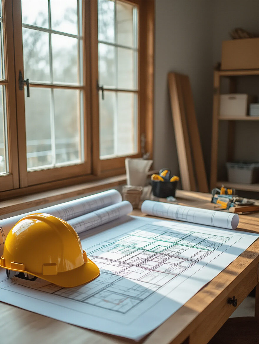 Portrait planning workspace with blueprints and a safety hard hat for bathroom remodel compliance