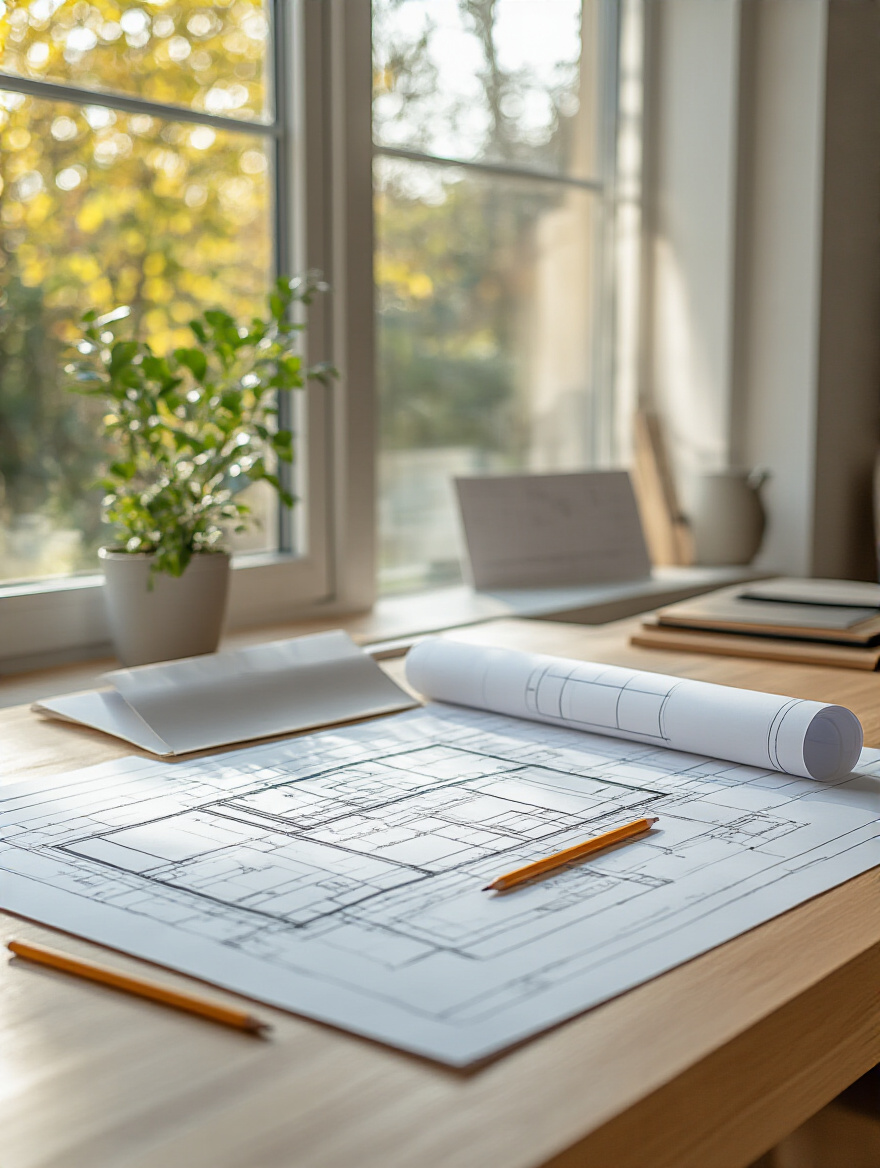 Portrait planning desk with kitchen renovation blueprints and permit planning