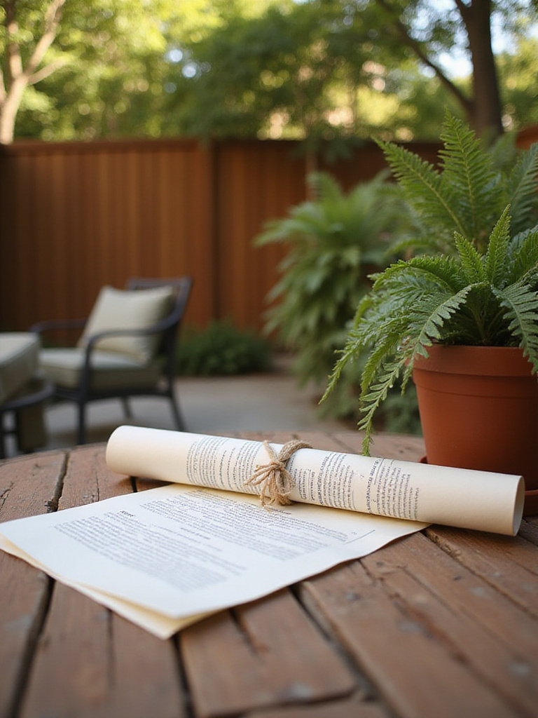 Professional photo of a neatly organized outdoor table with official-looking architectural guidelines and a potted fern, symbolizing research into backyard regulations and permitted enhancements.
