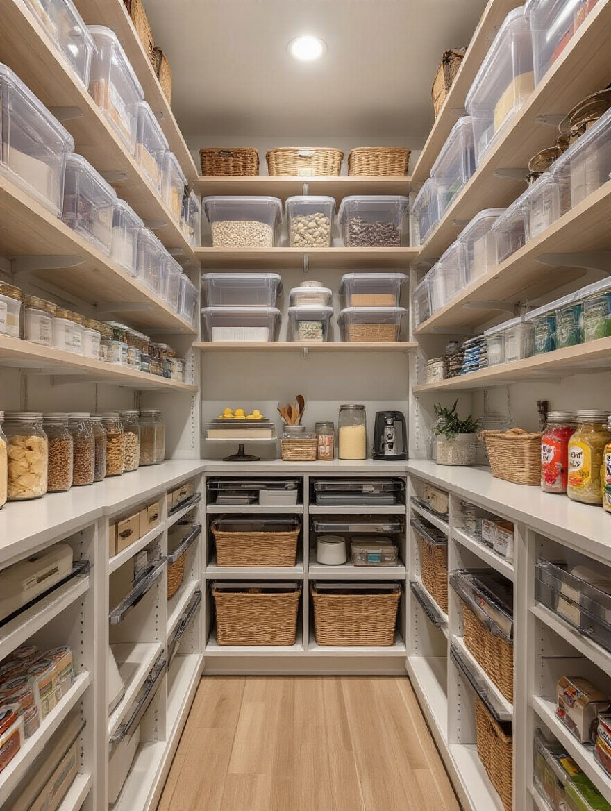 An interior shot of an impeccably organized kitchen pantry, showcasing optimal pantry layout designs with various storage solutions, pull-out drawers, and labeled shelves for maximum efficiency.