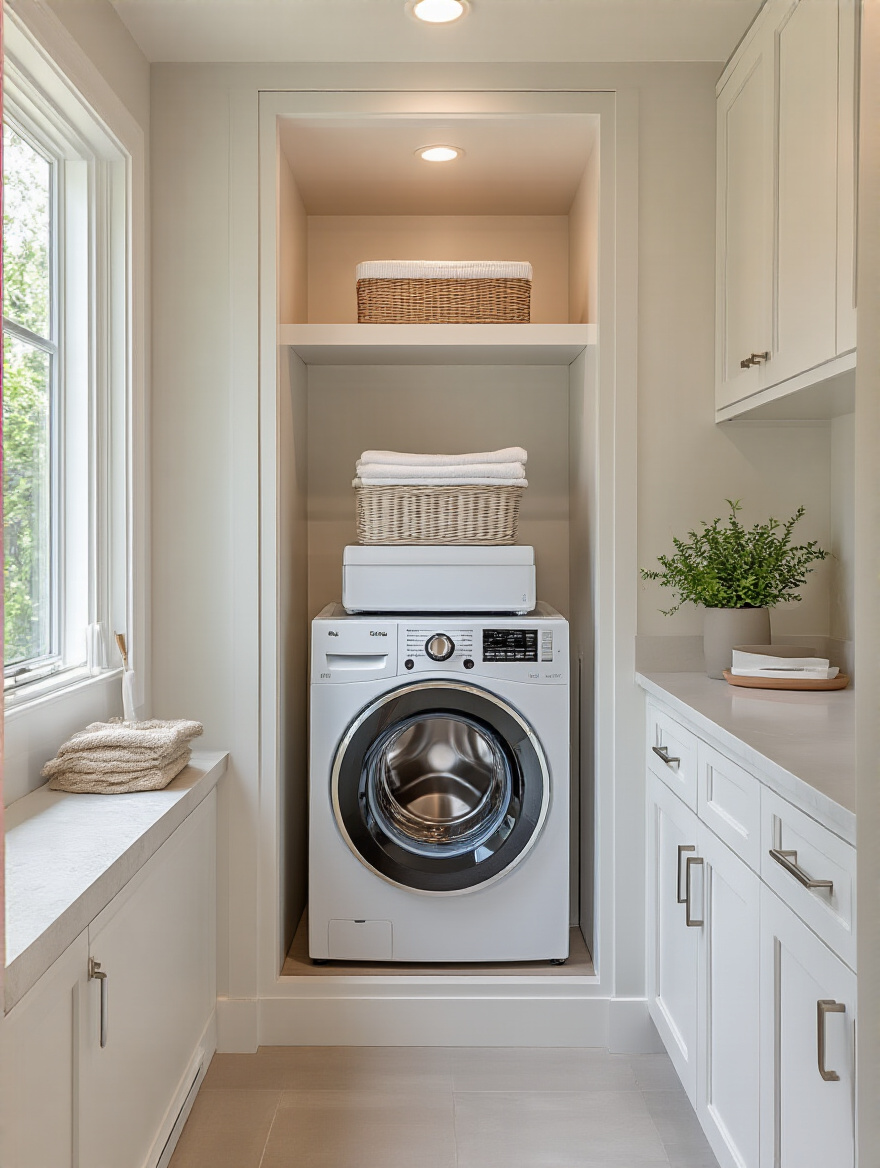 Portrait of a compact laundry nook with a stacked washer-dryer and cabinetry