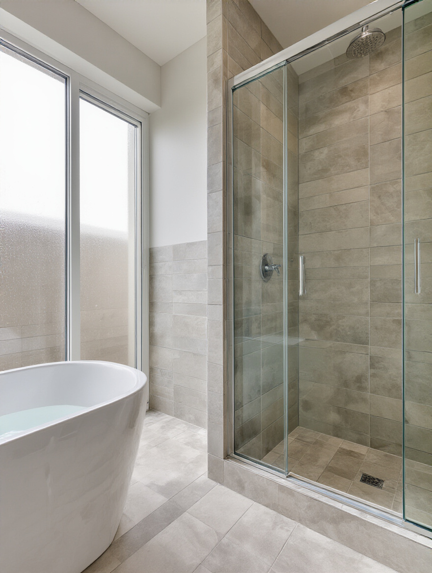 Portrait of a modern bathroom with water-resistant porcelain tiles and a glass shower enclosure