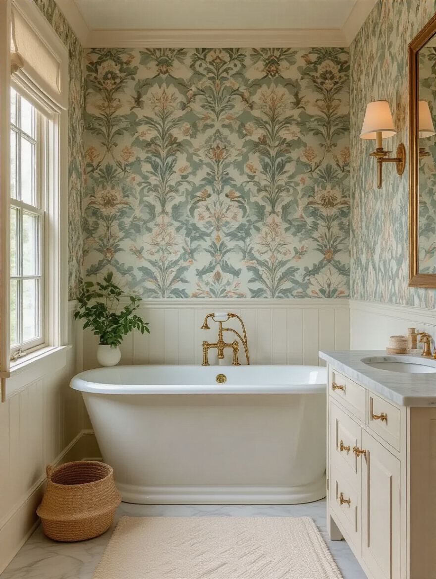 Portrait-style bathroom corner with vintage wallpaper and classic fixtures
