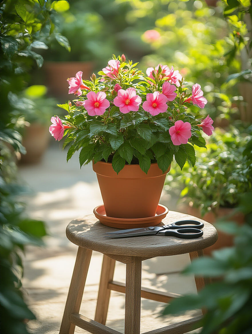Image showing a thriving, freshly pruned and repotted patio plant in a terracotta pot on a sunny, well-kept patio, symbolizing renewed health and vigorous growth.