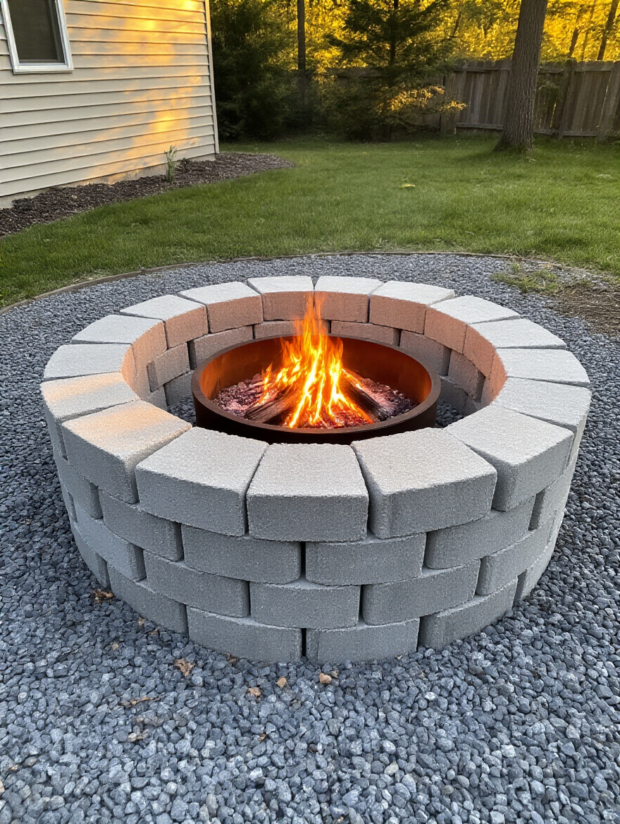 Vertical shot of a circular cinder block fire pit glowing at dusk in a tidy backyard