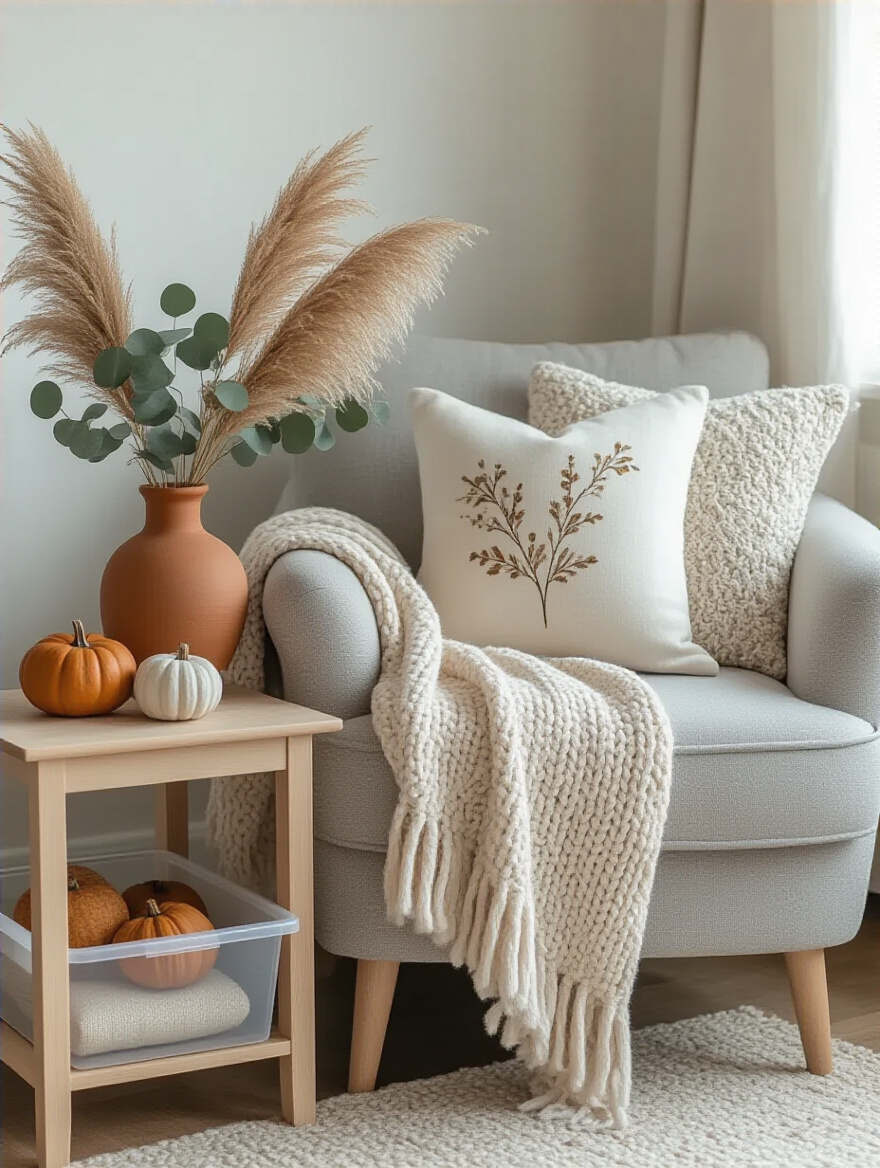 Living room corner with a cozy armchair, autumn-inspired decor (pampas grass, terracotta vase), and a transparent storage bin subtly showing off-season decor for seasonal rotation.