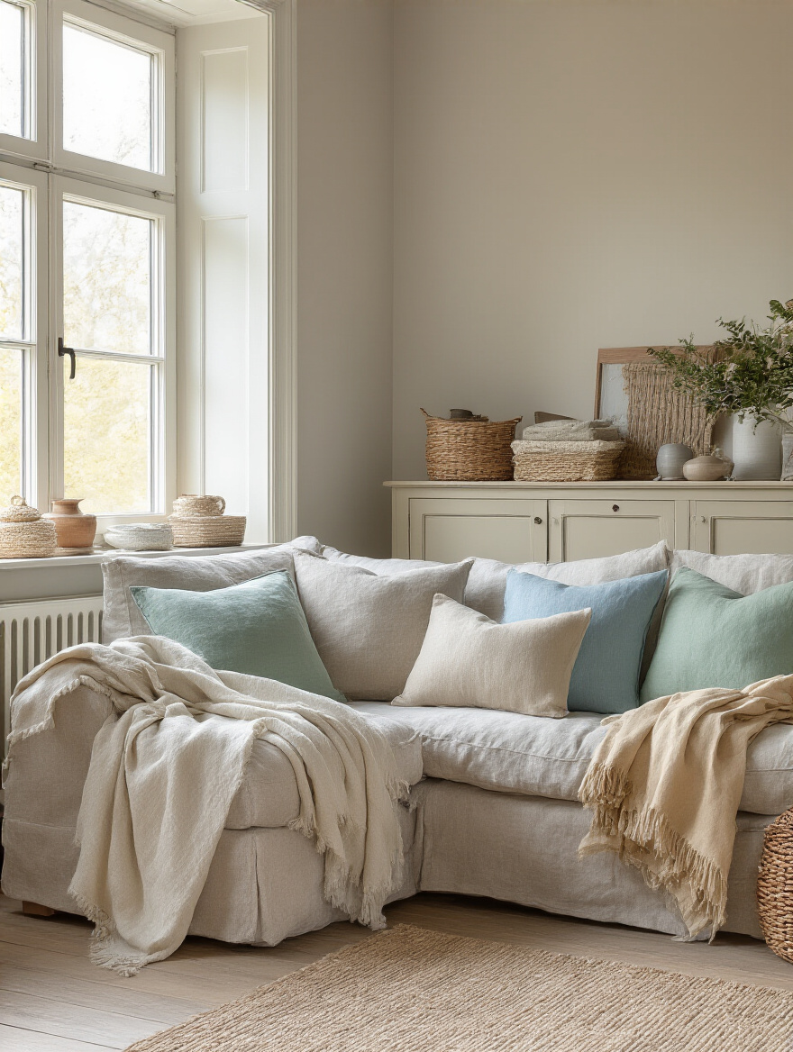 Vertical cozy living room with seasonal textiles and decor rotation