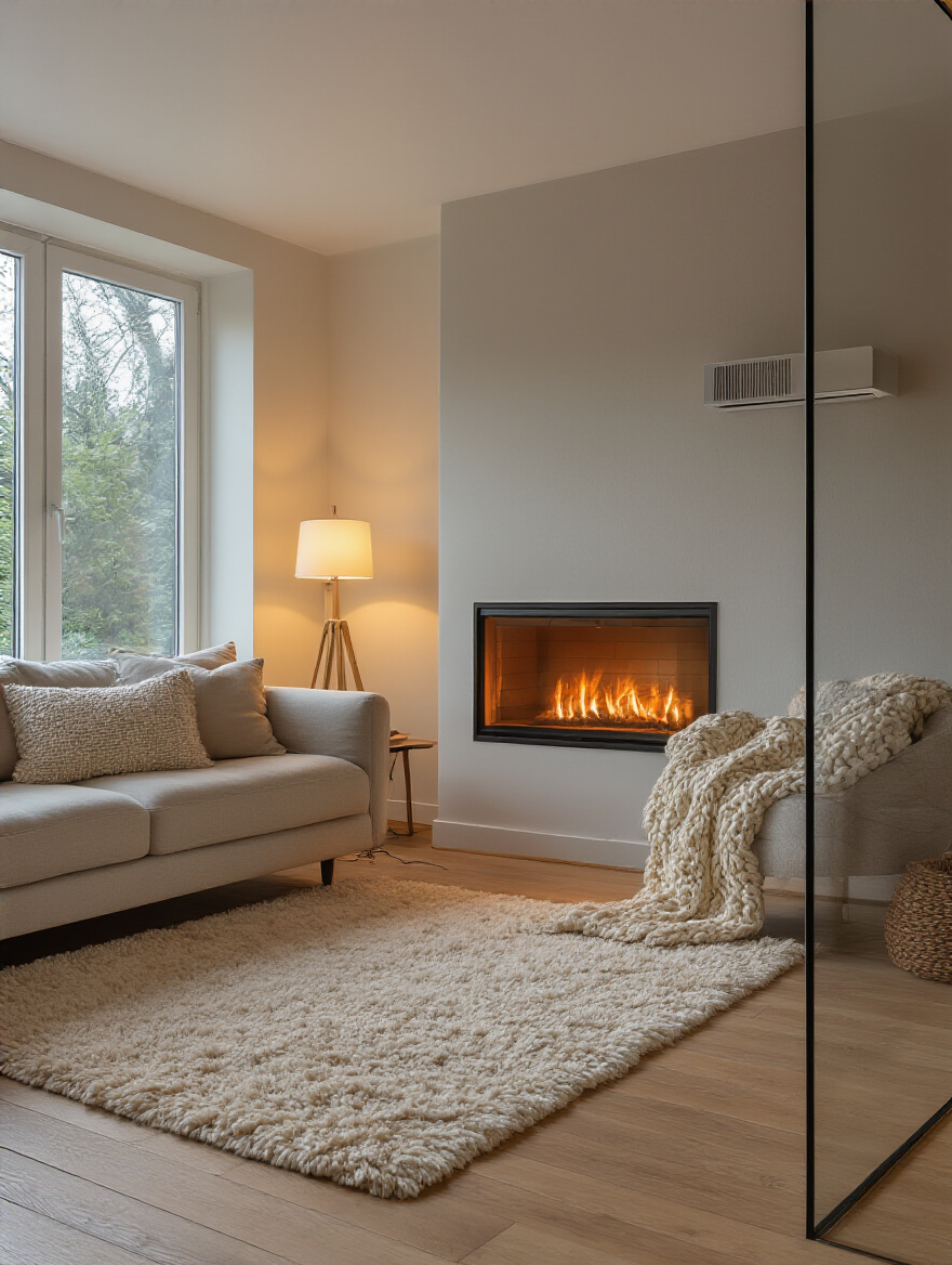 Cozy living room with fireplace and discreet HVAC cabinet, warm lighting