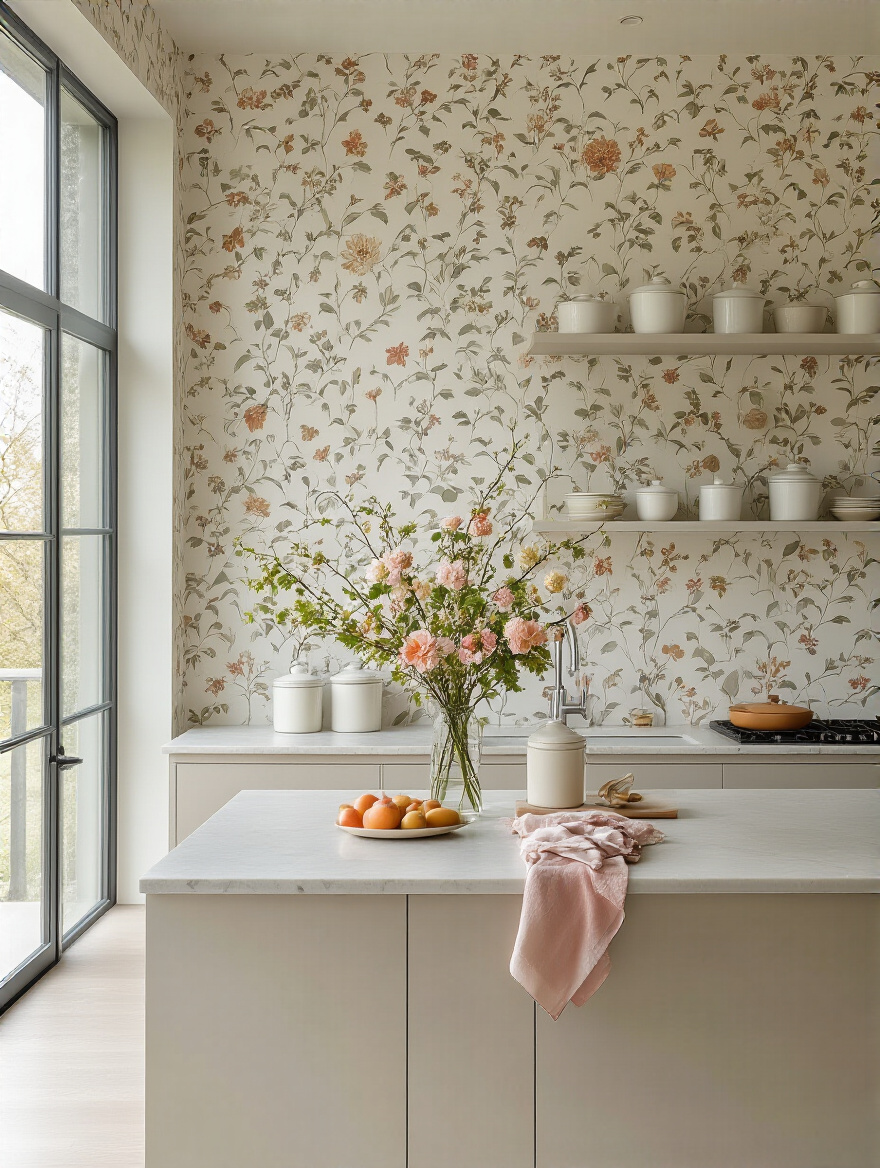 Portrait view of a modern kitchen with wallpaper and seasonal accessories on the counter