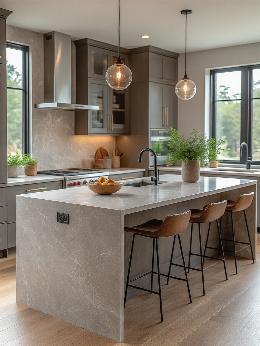 Portrait of a modern kitchen island with flawless countertop installation