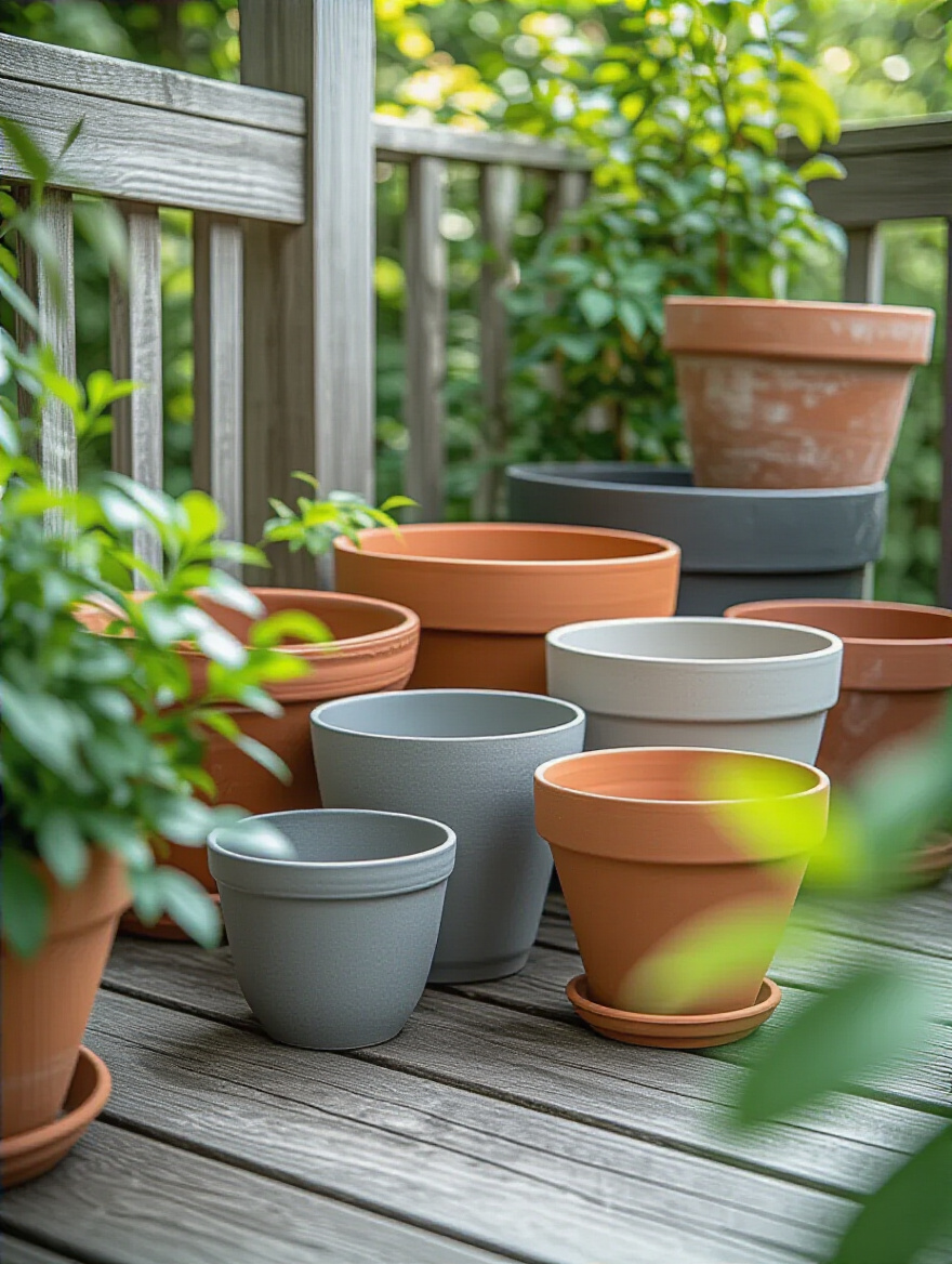 Assortment of empty garden pots made from terracotta, ceramic, fiberglass, and resin, arranged on a wooden patio deck.